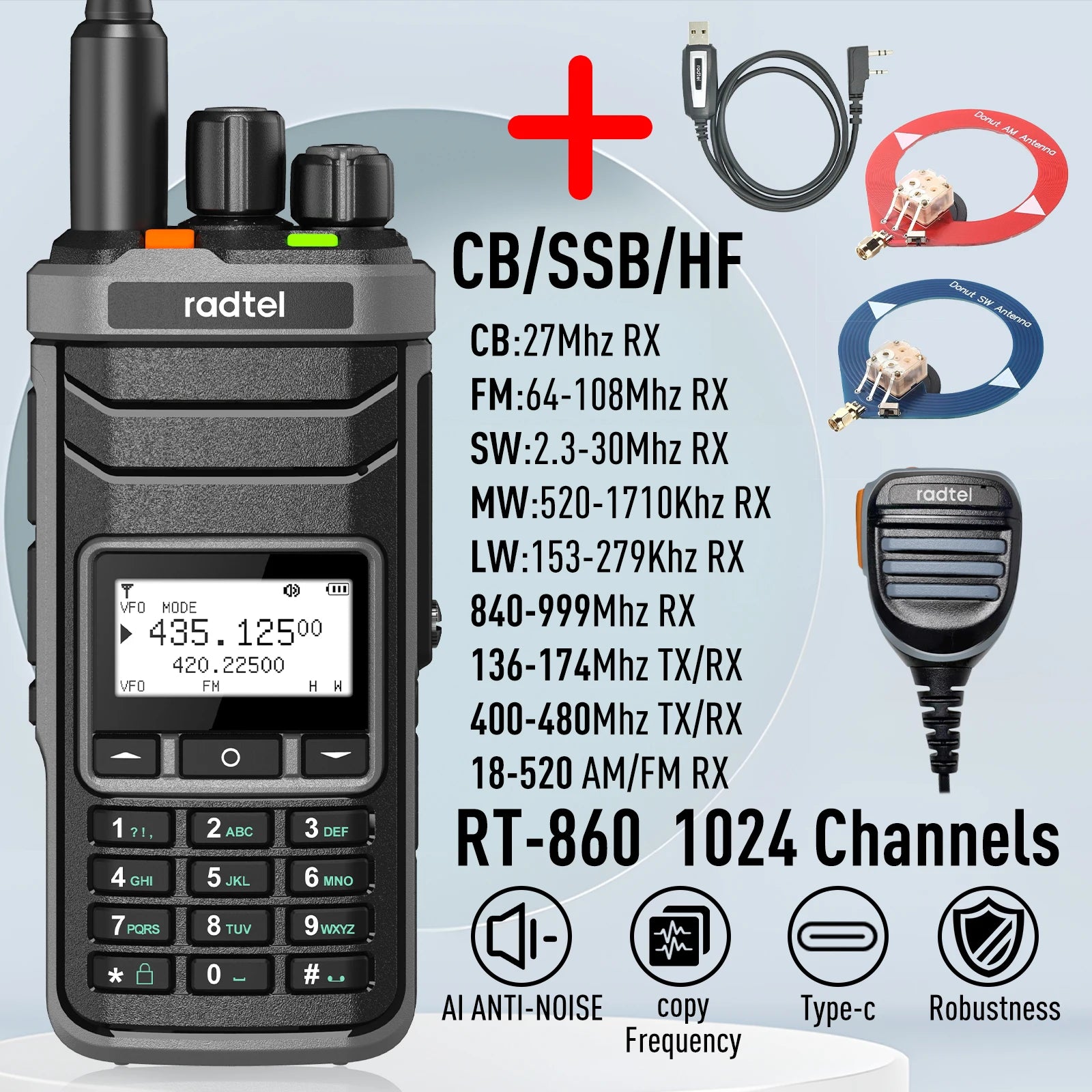 Radtel RT-860 Multi Band Ham Radio HF UHF VHF Dual Band with AM USB LSB CW CB LW MW SW SSB Reception, 1024 Channels, 2000mAh Bat