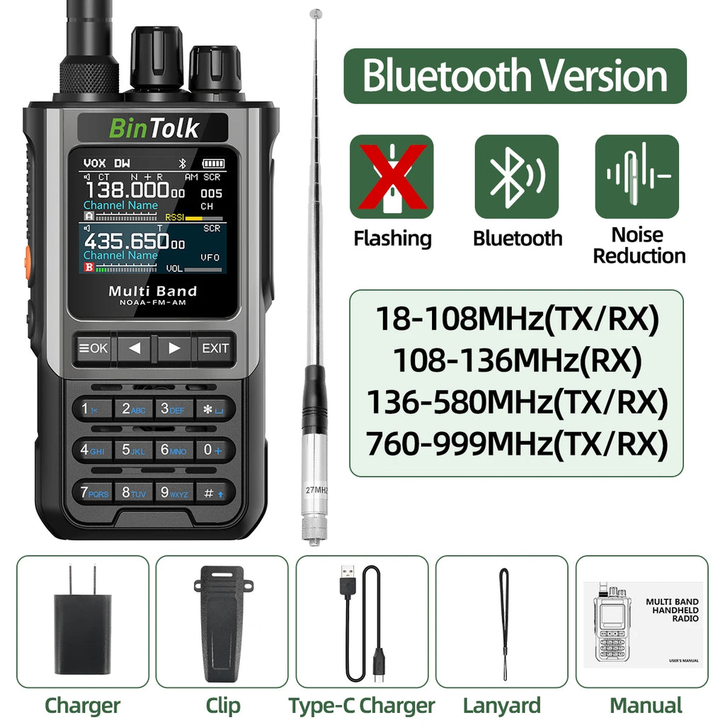 BinTolk BT8200 Walkie Talkie 10W Long Range Full Band Wireless Bluetooth Programming Type-c Charger Noise Reduction CB Ham Radio
