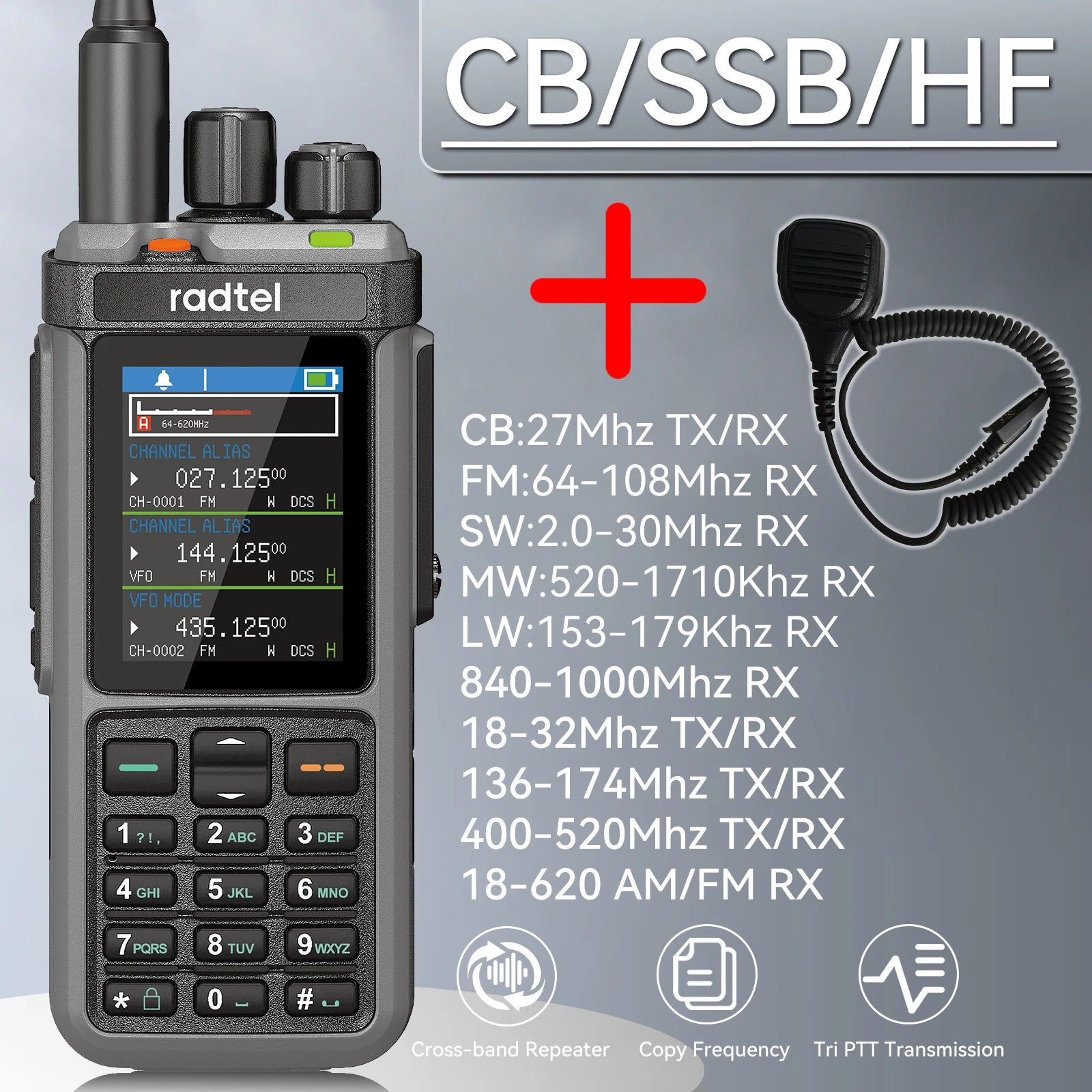 Radtel RT-880 10w Multi Band Ham Radio HF UHF VHF  with AM USB LSB CW CB LW MW SW SSB , 1024 Channels, Cross Band Repeaper