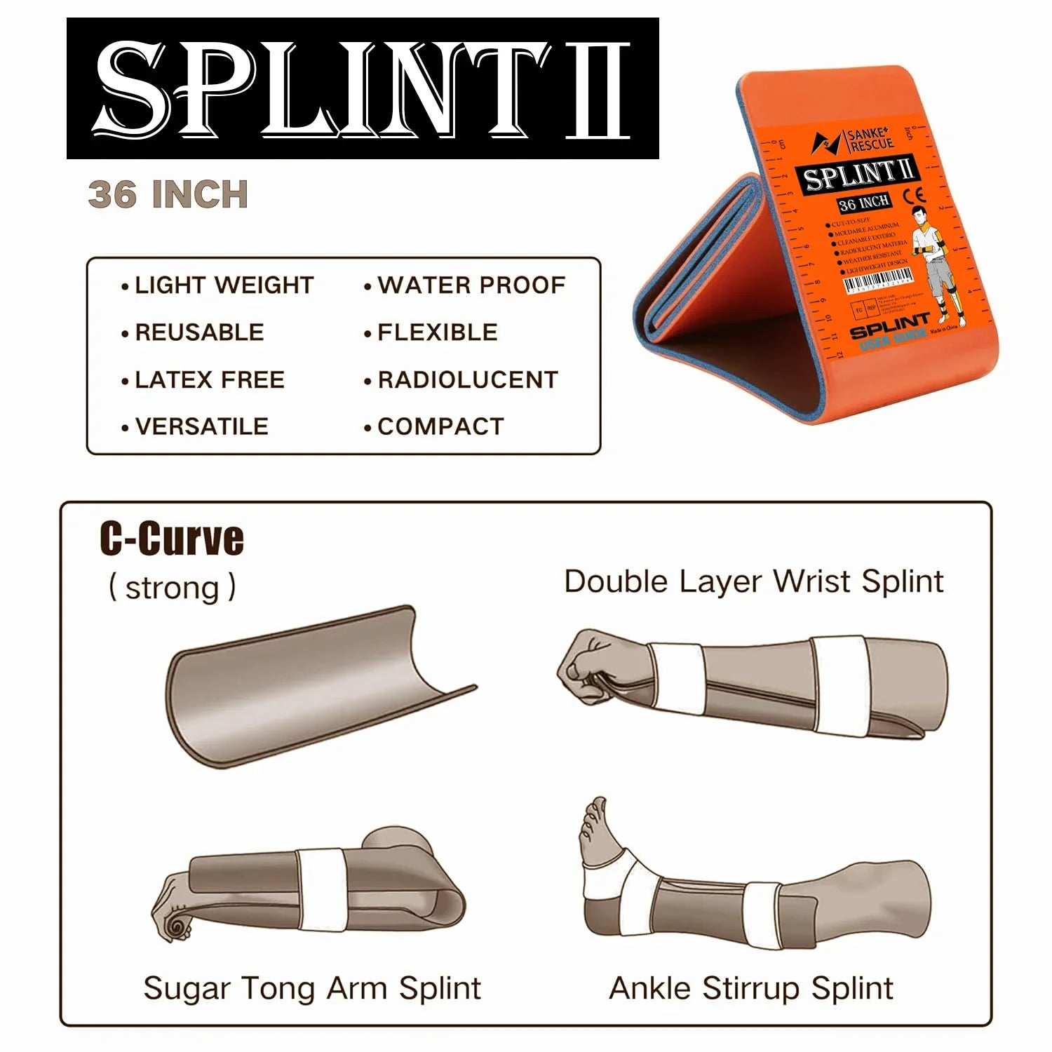 SANKE RESCUE First Aid Splint 36/18"X4.3" Wrist Thumb Support Brace Tendonitis Arthritis Thumb Protector Guard Right Left Hand