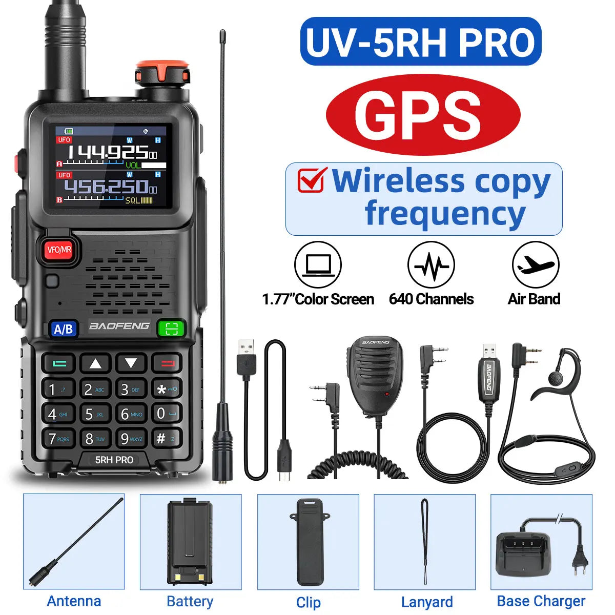 Baofeng UV-5RH PRO GPS Walkie Talkie Long Range Multi Band Wirless Copy Frequency NOAA Type-c Portable Tow Way Radio For Hunting