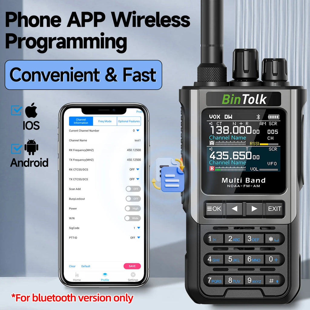 BinTolk BT8200 Walkie Talkie 10W Long Range Full Band Wireless Bluetooth Programming Type-c Charger Noise Reduction CB Ham Radio