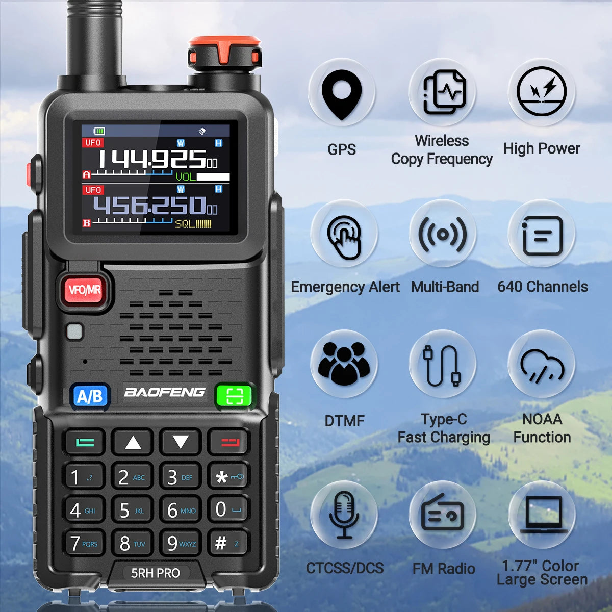 Baofeng UV-5RH PRO GPS Walkie Talkie Long Range Multi Band Wirless Copy Frequency NOAA Type-c Portable Tow Way Radio For Hunting