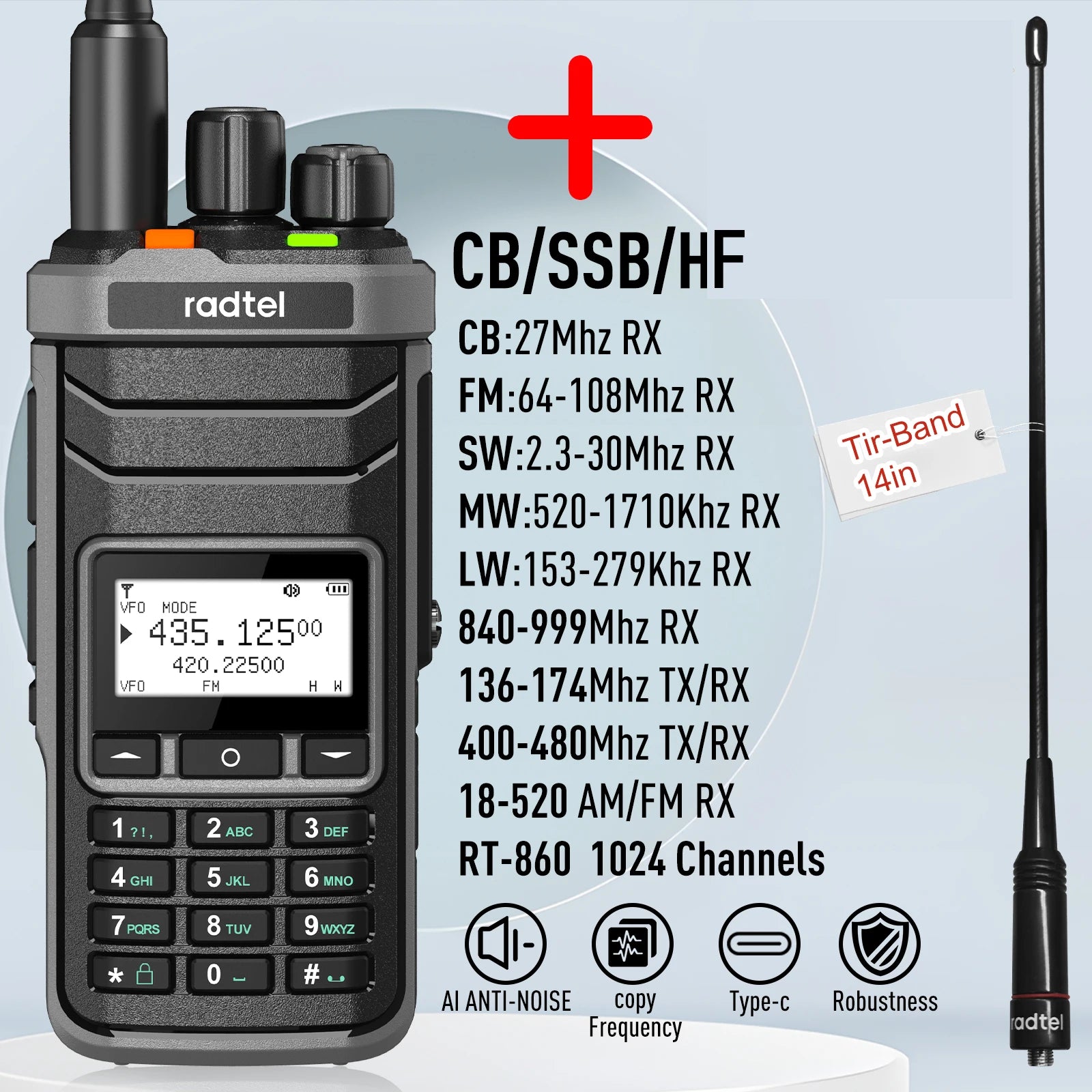 Radtel RT-860 Multi Band Ham Radio HF UHF VHF Dual Band with AM USB LSB CW CB LW MW SW SSB Reception, 1024 Channels, 2000mAh Bat