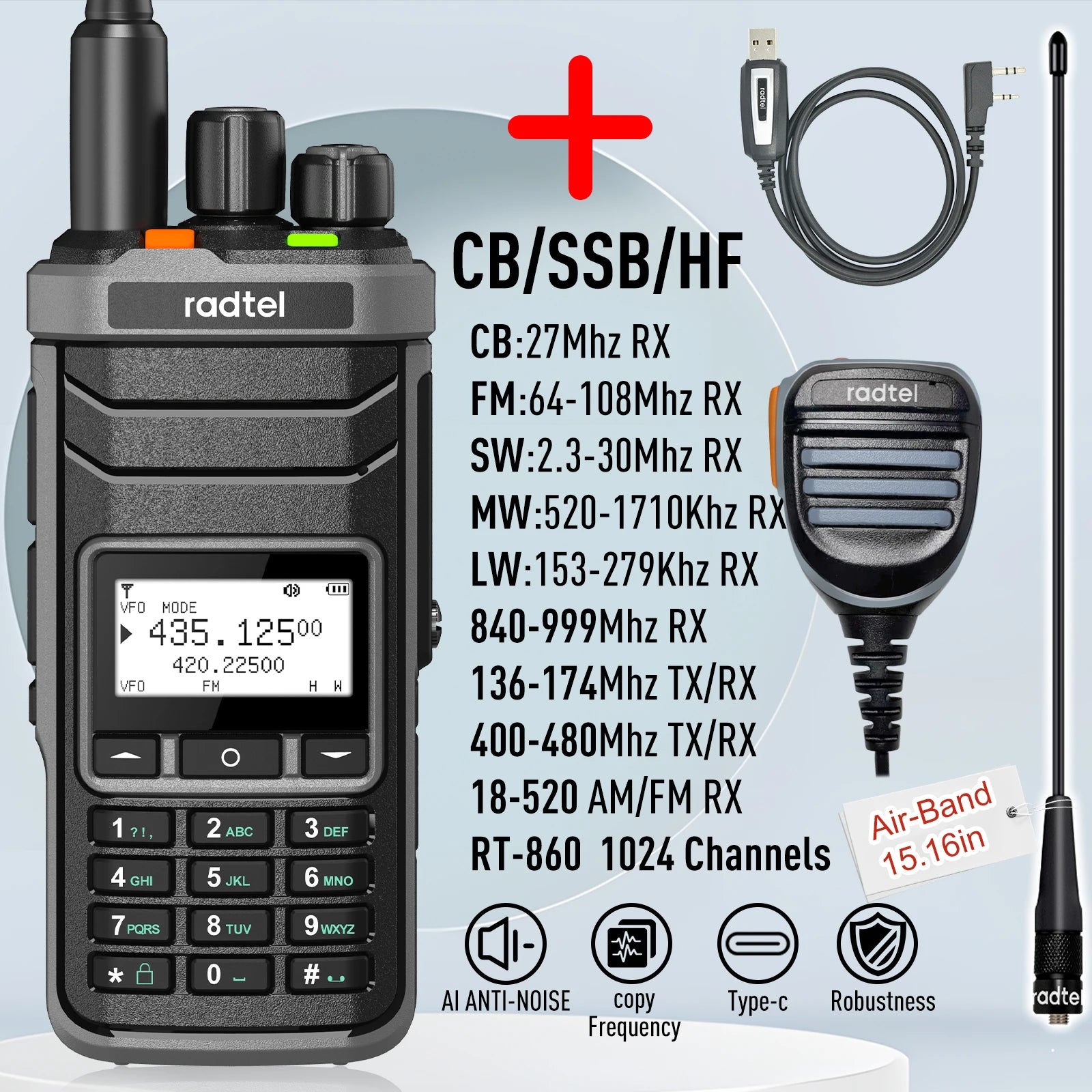 Radtel RT-860 Multi Band Ham Radio HF UHF VHF Dual Band with AM USB LSB CW CB LW MW SW SSB Reception, 1024 Channels, 2000mAh Bat
