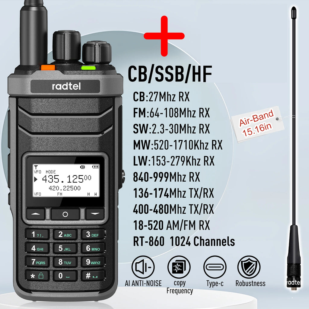 Radtel RT-860 Multi Band Ham Radio HF UHF VHF Dual Band with AM USB LSB CW CB LW MW SW SSB Reception, 1024 Channels, 2000mAh Bat