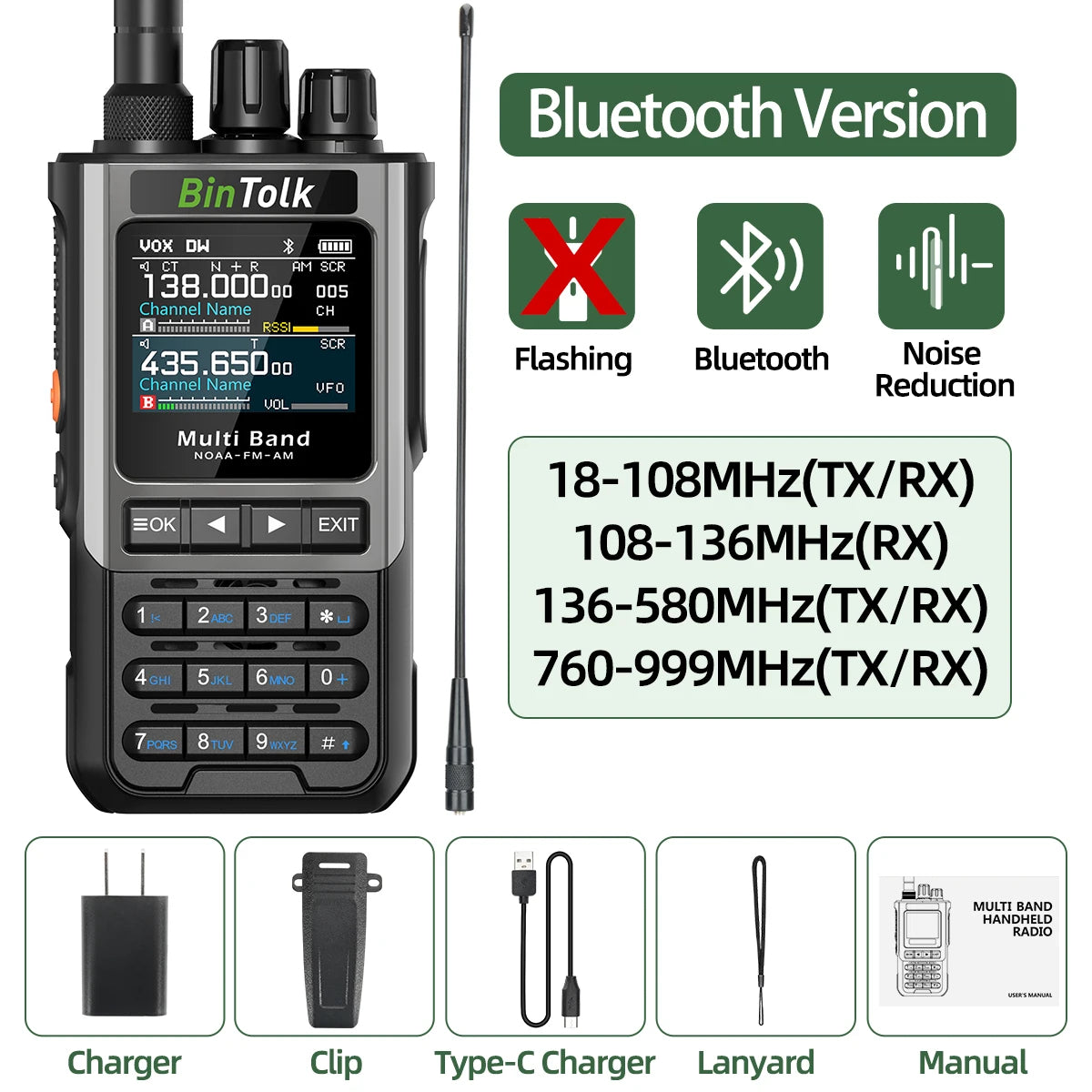 BinTolk BT8200 Walkie Talkie 10W Long Range Full Band Wireless Bluetooth Programming Type-c Charger Noise Reduction CB Ham Radio