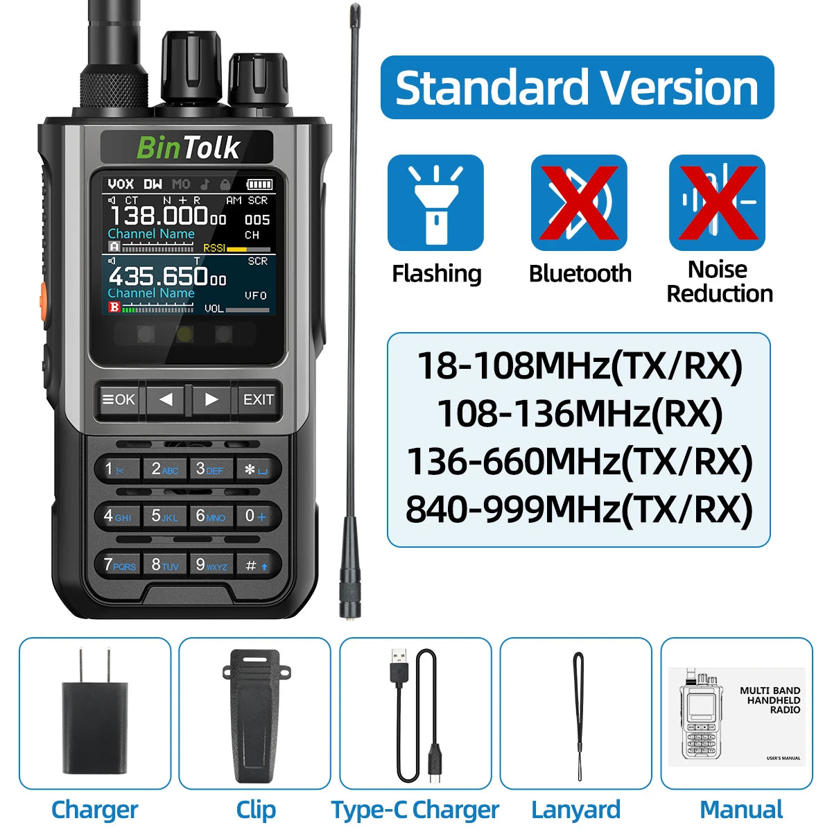 BinTolk BT8200 Walkie Talkie 10W Long Range Full Band Wireless Bluetooth Programming Type-c Charger Noise Reduction CB Ham Radio
