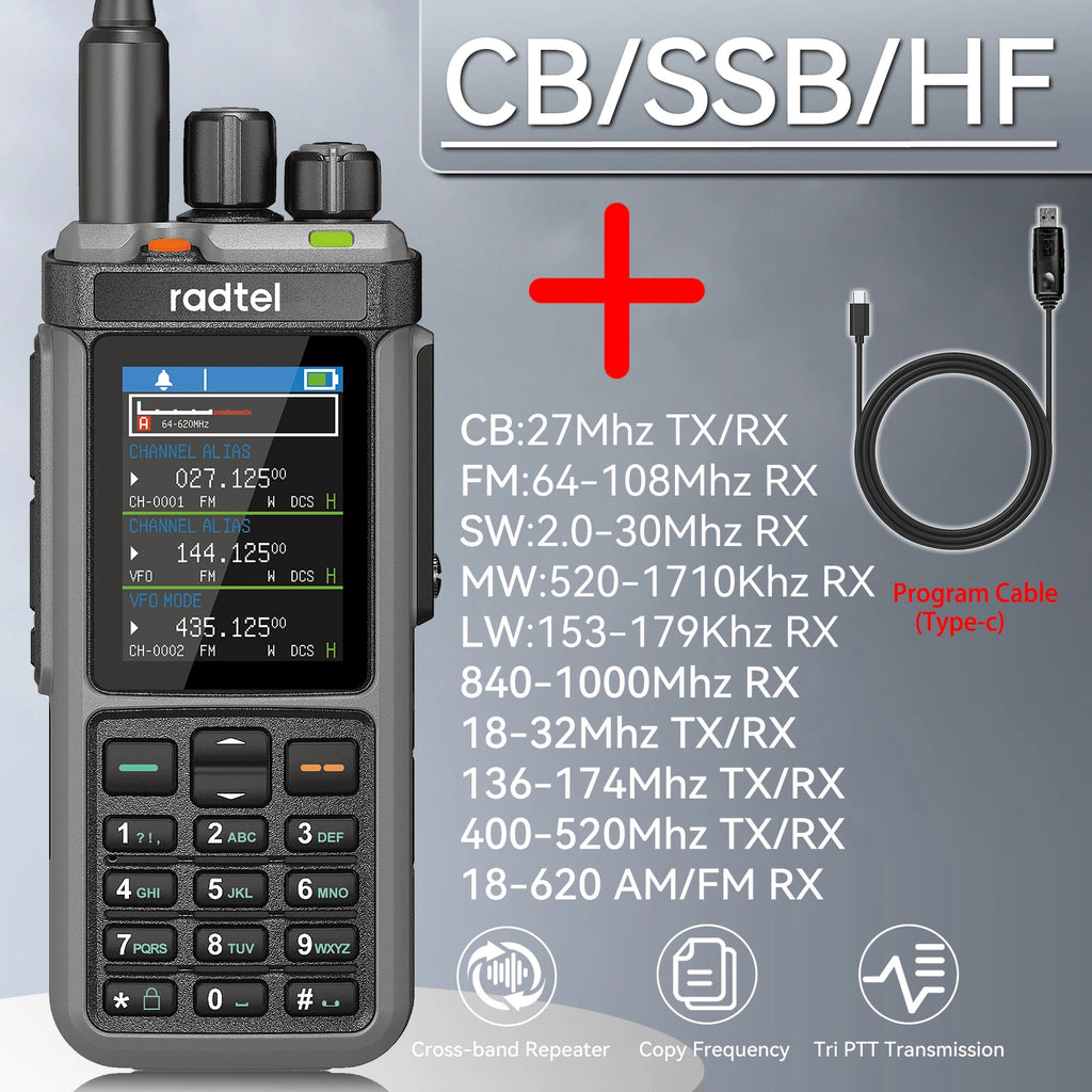 Radtel RT-880 10w Multi Band Ham Radio HF UHF VHF  with AM USB LSB CW CB LW MW SW SSB , 1024 Channels, Cross Band Repeaper
