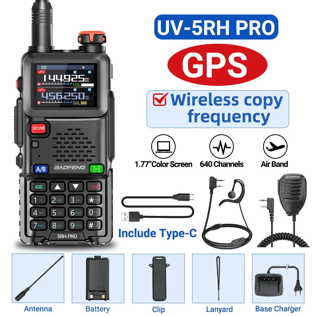 Baofeng UV-5RH PRO GPS Walkie Talkie Long Range Multi Band Wirless Copy Frequency NOAA Type-c Portable Tow Way Radio For Hunting