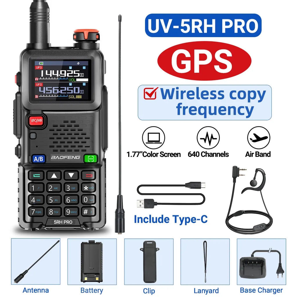 Baofeng UV-5RH PRO GPS Walkie Talkie Long Range Multi Band Wirless Copy Frequency NOAA Type-c Portable Tow Way Radio For Hunting