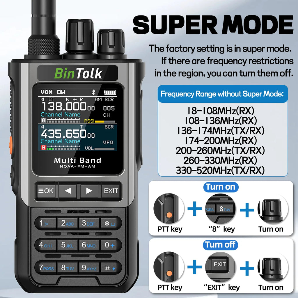 BinTolk BT8200 Walkie Talkie 10W Long Range Full Band Wireless Bluetooth Programming Type-c Charger Noise Reduction CB Ham Radio