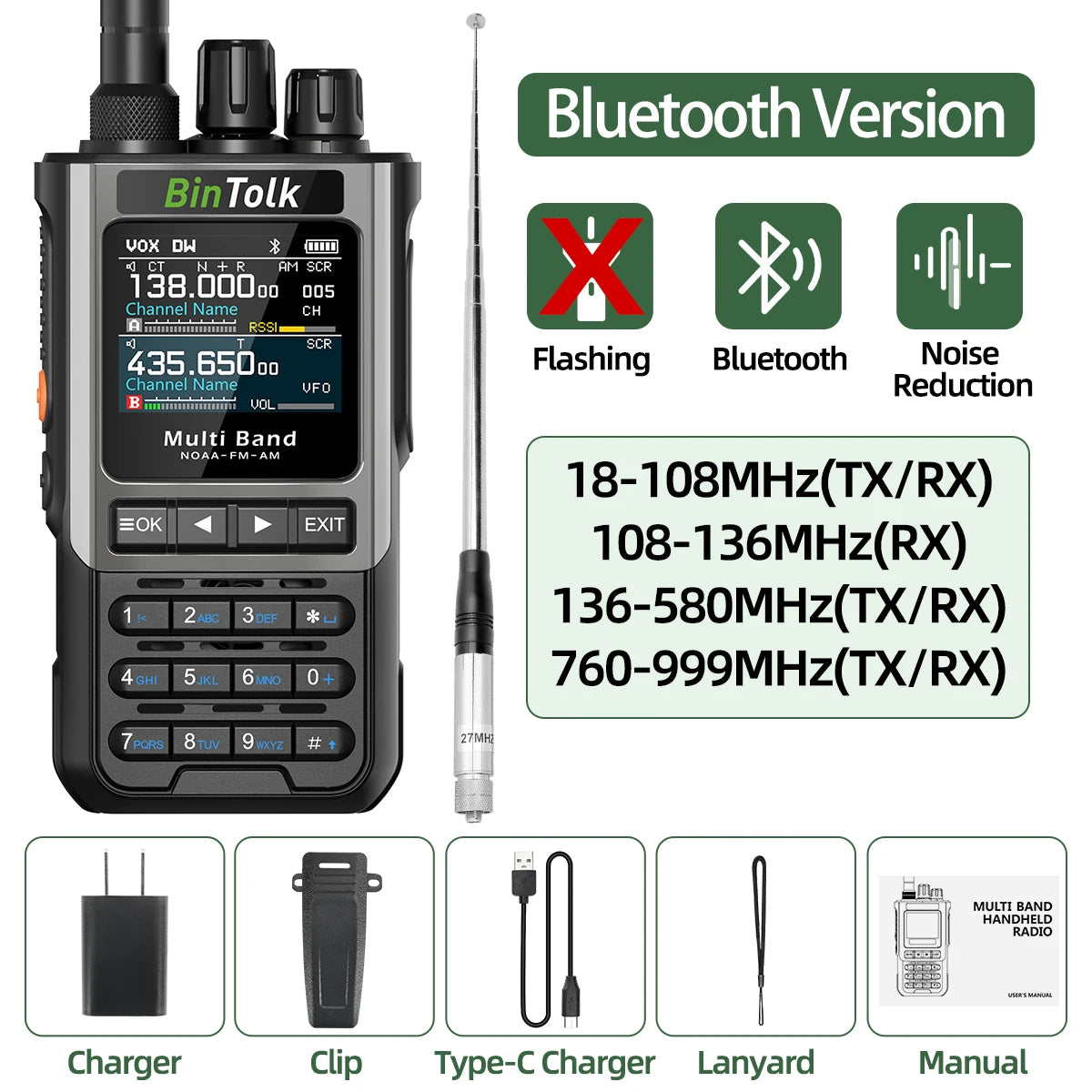BinTolk BT8200 Walkie Talkie 10W Long Range Full Band Wireless Bluetooth Programming Type-c Charger Noise Reduction CB Ham Radio