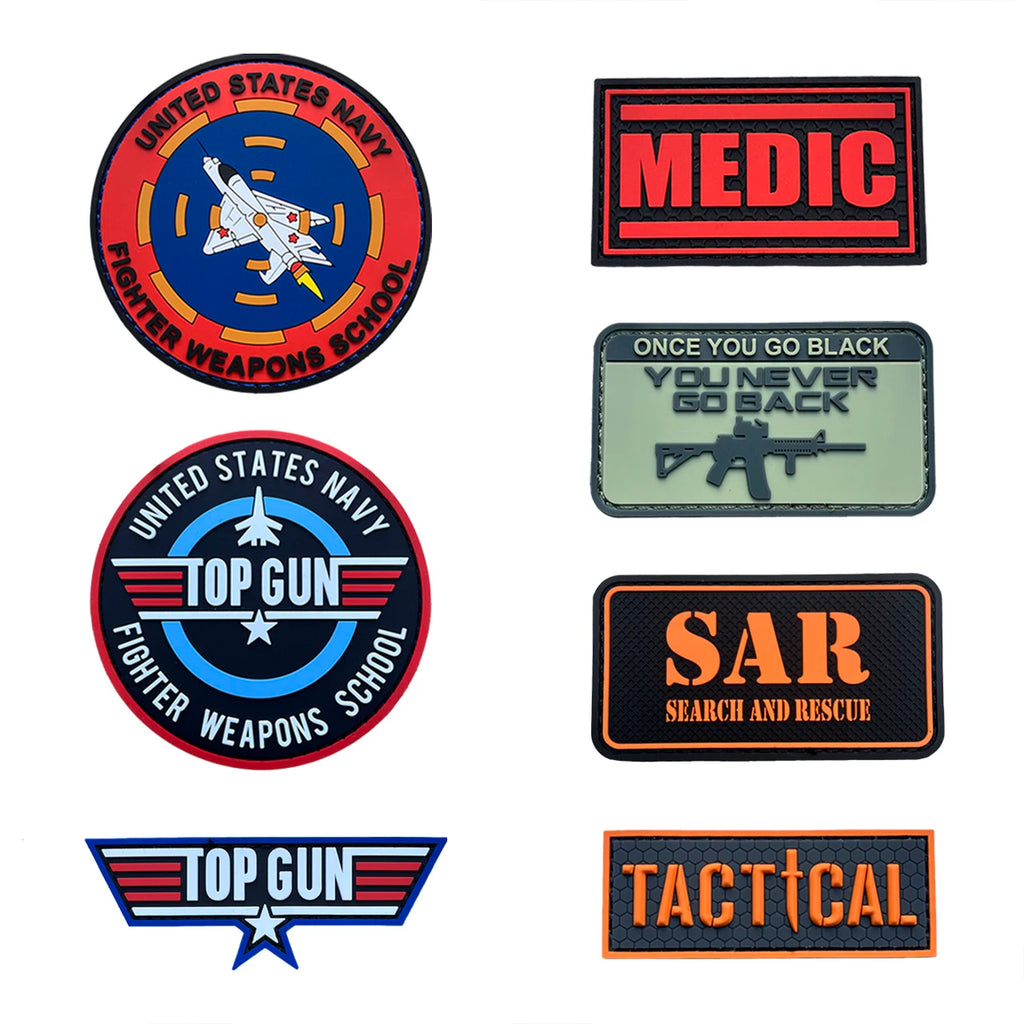 Custom Logo Top Gun Pilot Badge Tactical Morale Badge Medical Search Rescue PVC Hook and Loop Patch Backpack Decorative Sticker