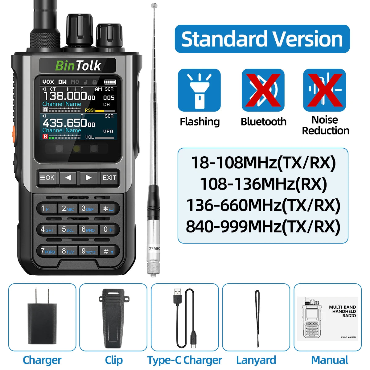 BinTolk BT8200 Walkie Talkie 10W Long Range Full Band Wireless Bluetooth Programming Type-c Charger Noise Reduction CB Ham Radio