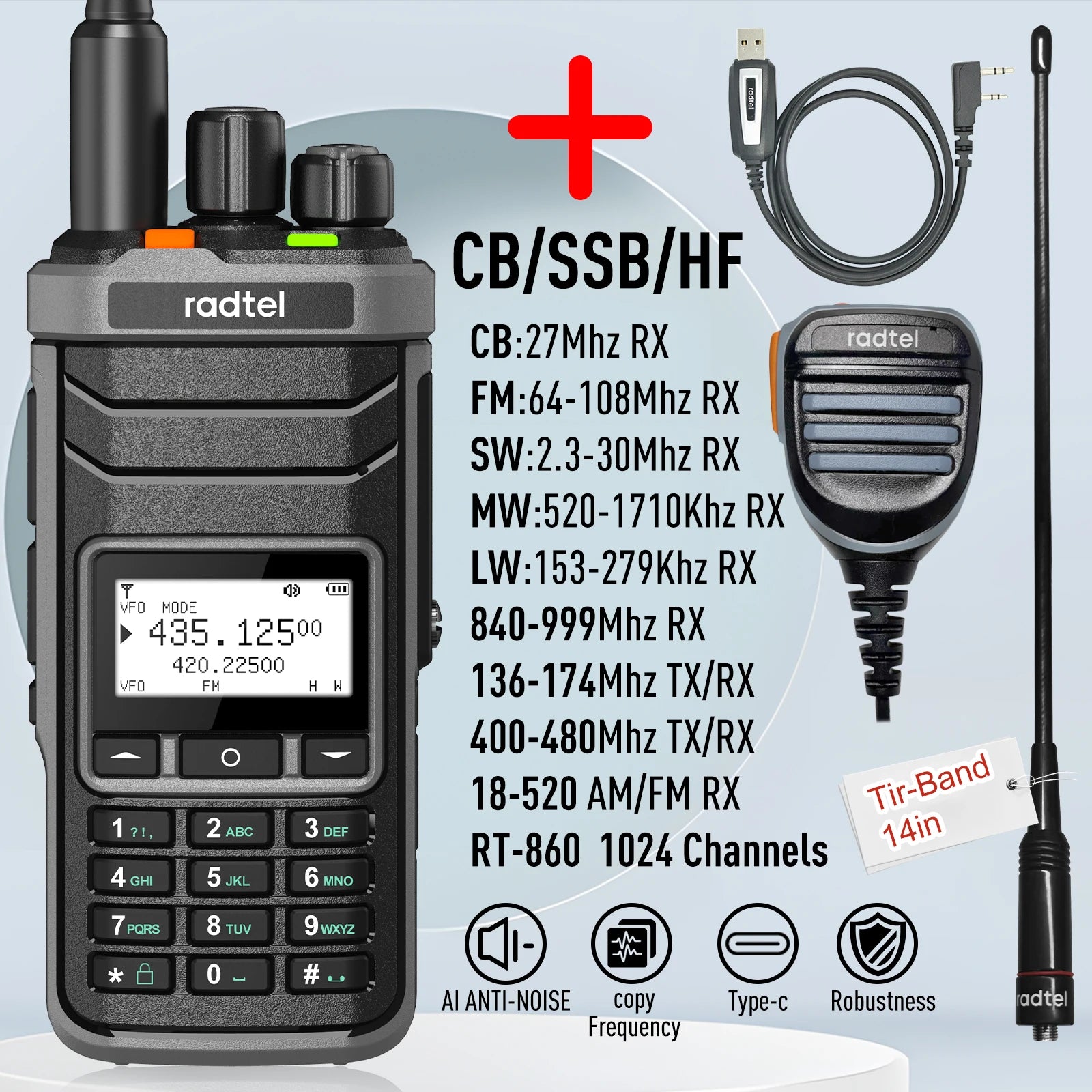 Radtel RT-860 Multi Band Ham Radio HF UHF VHF Dual Band with AM USB LSB CW CB LW MW SW SSB Reception, 1024 Channels, 2000mAh Bat