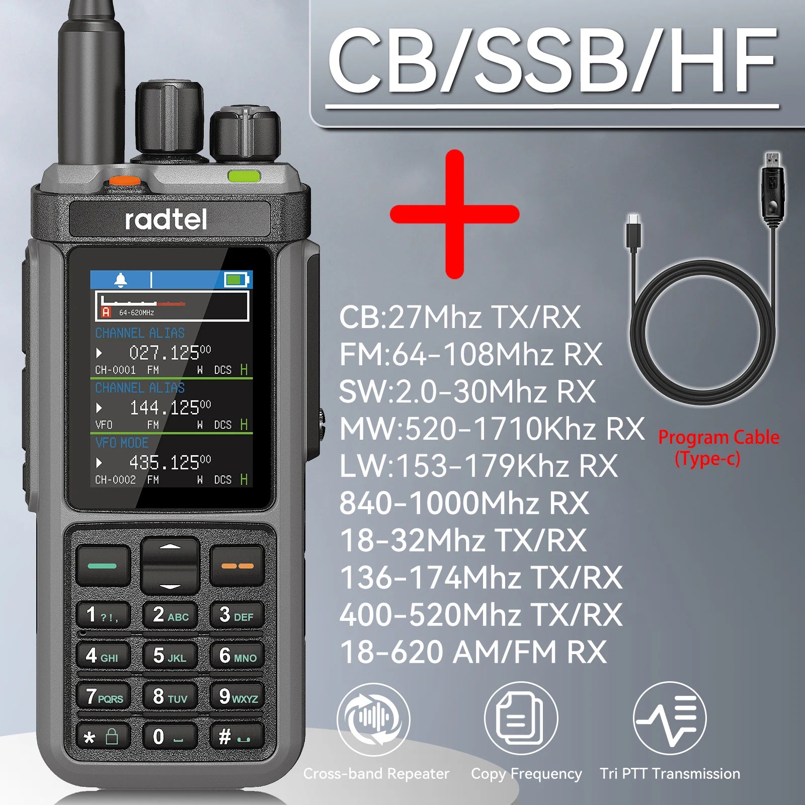 Radtel RT-880 10w Multi Band Ham Radio HF UHF VHF  with AM USB LSB CW CB LW MW SW SSB , 1024 Channels, Cross Band Repeaper