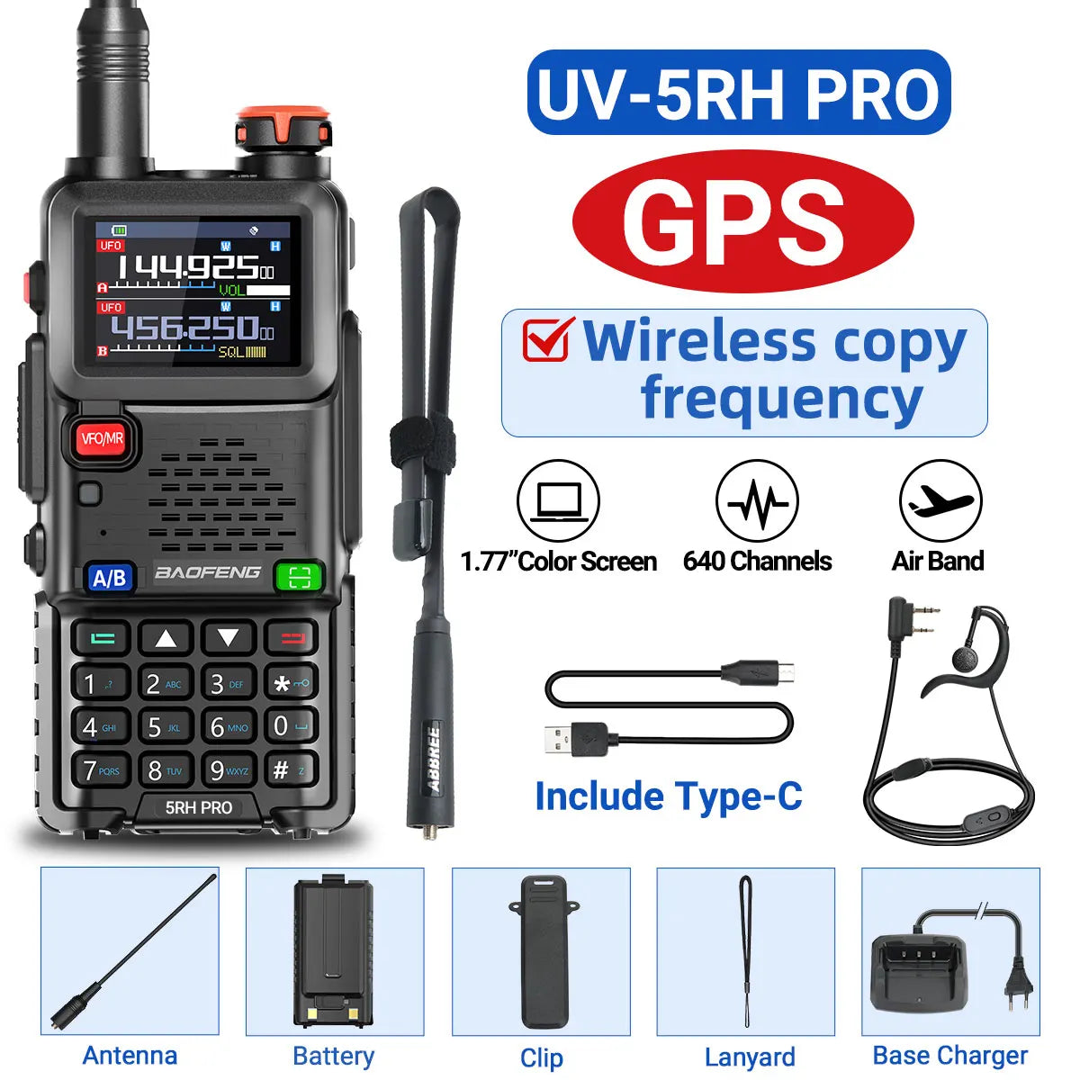 Baofeng UV-5RH PRO GPS Walkie Talkie Long Range Multi Band Wirless Copy Frequency NOAA Type-c Portable Tow Way Radio For Hunting