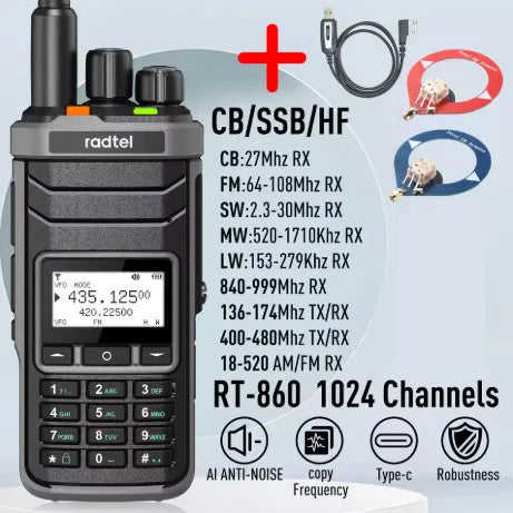 Radtel RT-860 Multi Band Ham Radio HF UHF VHF Dual Band with AM USB LSB CW CB LW MW SW SSB Reception, 1024 Channels, 2000mAh Bat