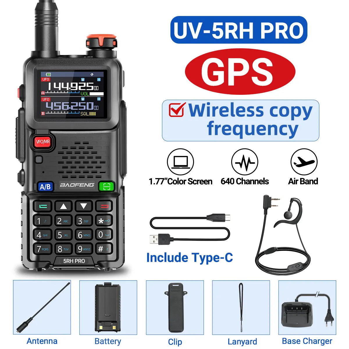 Baofeng UV-5RH PRO GPS Walkie Talkie Long Range Multi Band Wirless Copy Frequency NOAA Type-c Portable Tow Way Radio For Hunting