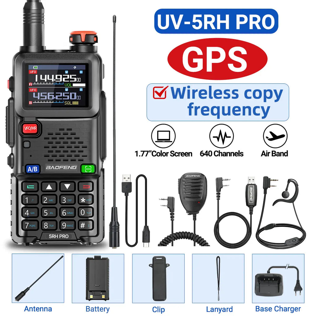 Baofeng UV-5RH PRO GPS Walkie Talkie Long Range Multi Band Wirless Copy Frequency NOAA Type-c Portable Tow Way Radio For Hunting