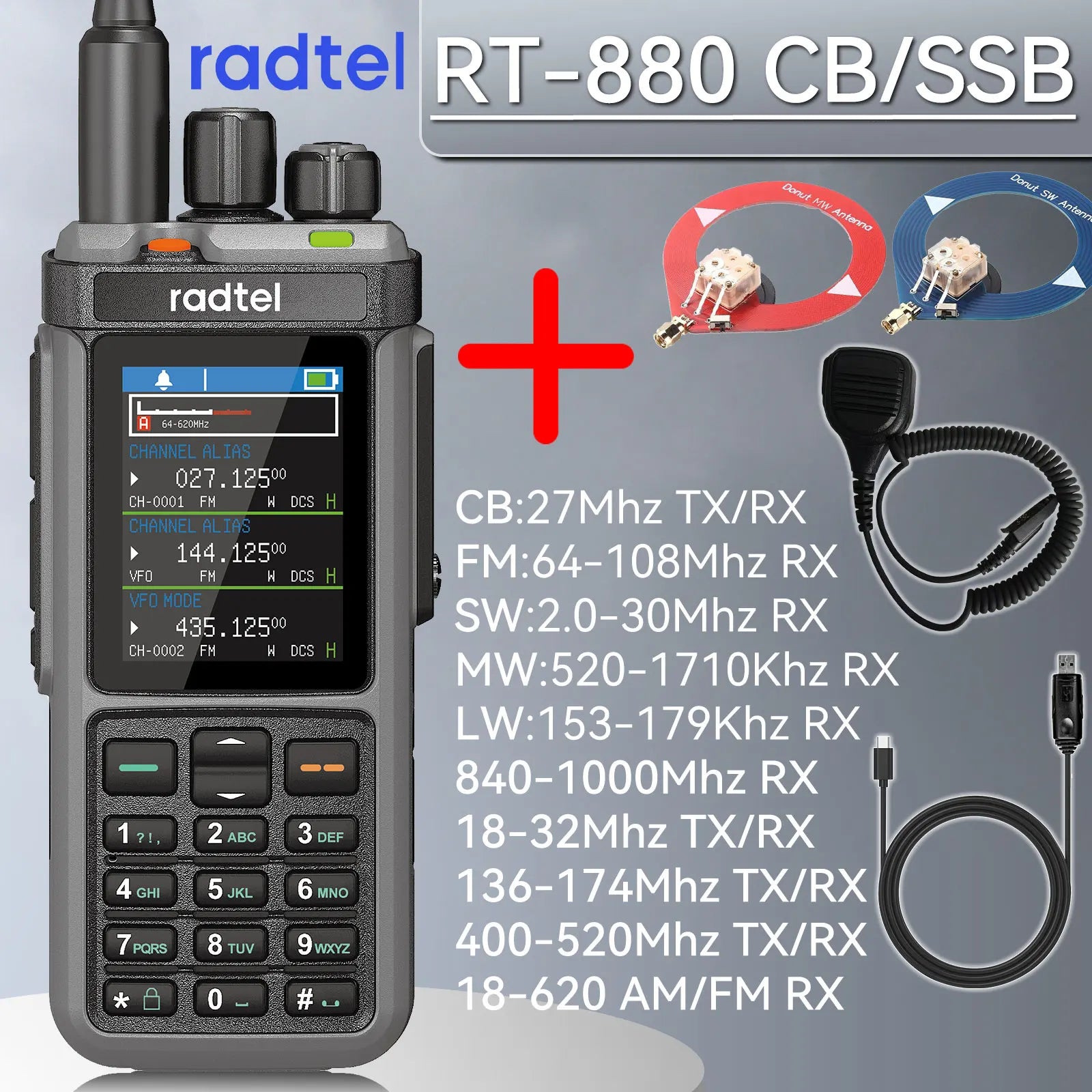 Radtel RT-880 10w Multi Band Ham Radio HF UHF VHF  with AM USB LSB CW CB LW MW SW SSB , 1024 Channels, Cross Band Repeaper