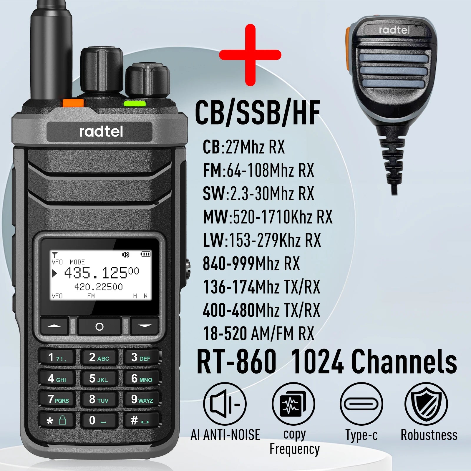 Radtel RT-860 Multi Band Ham Radio HF UHF VHF Dual Band with AM USB LSB CW CB LW MW SW SSB Reception, 1024 Channels, 2000mAh Bat