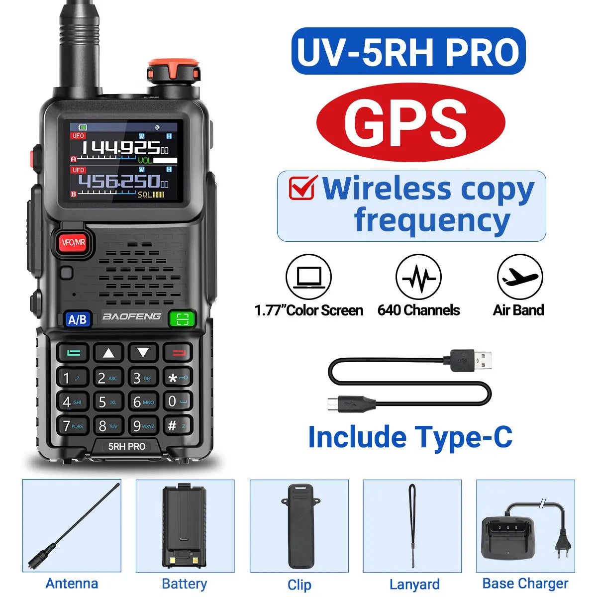 Baofeng UV-5RH PRO GPS Walkie Talkie Long Range Multi Band Wirless Copy Frequency NOAA Type-c Portable Tow Way Radio For Hunting