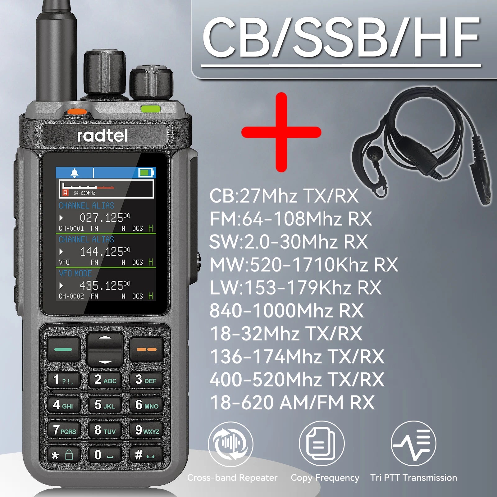 Radtel RT-880 10w Multi Band Ham Radio HF UHF VHF  with AM USB LSB CW CB LW MW SW SSB , 1024 Channels, Cross Band Repeaper