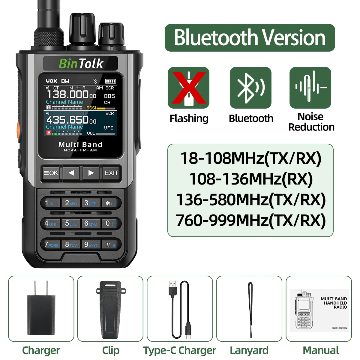 BinTolk BT8200 Walkie Talkie 10W Long Range Full Band Wireless Bluetooth Programming Type-c Charger Noise Reduction CB Ham Radio