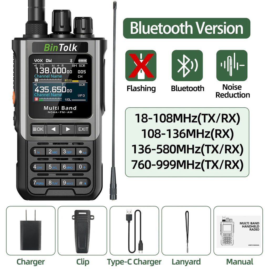 BinTolk BT8200 Walkie Talkie 10W Long Range Full Band Wireless Bluetooth Programming Type-c Charger Noise Reduction CB Ham Radio
