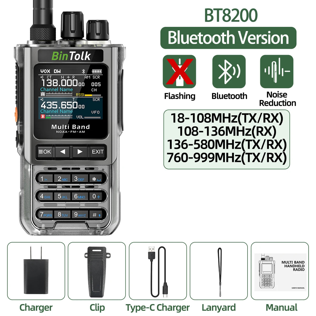 BinTolk BT8200 Walkie Talkie 10W Long Range Full Band Wireless Bluetooth Programming Type-c Charger Noise Reduction CB Ham Radio