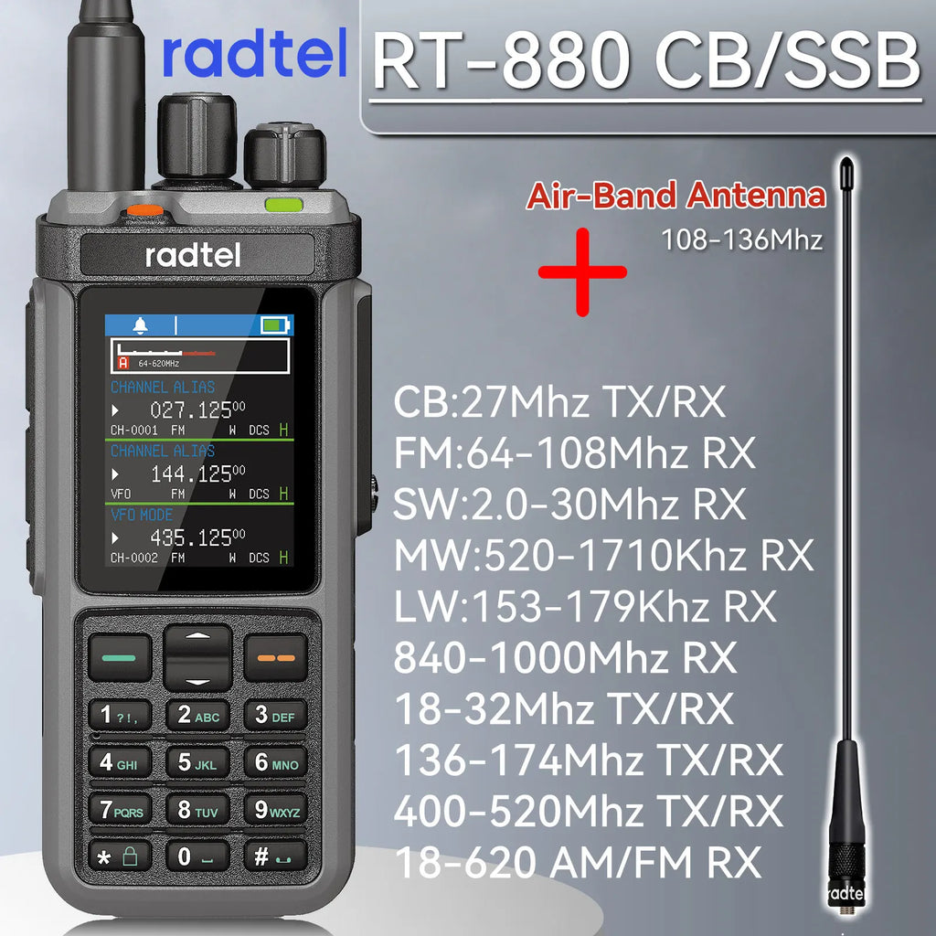 Radtel RT-880 10w Multi Band Ham Radio HF UHF VHF  with AM USB LSB CW CB LW MW SW SSB , 1024 Channels, Cross Band Repeaper