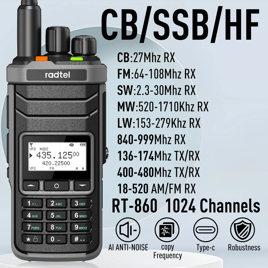 Radtel RT-860 Multi Band Ham Radio HF UHF VHF Dual Band with AM USB LSB CW CB LW MW SW SSB Reception, 1024 Channels, 2000mAh Bat